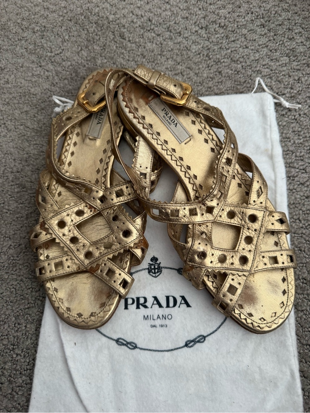 Prada Gold Leather Studded Strappy Sandals